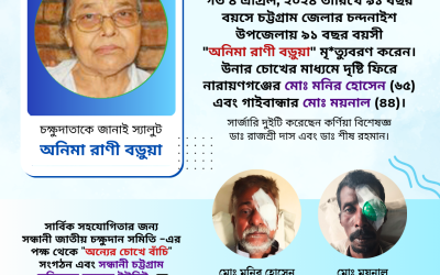 চক্ষুদাতা অনিমা রাণী বড়ুয়া – এর চোখে পৃথিবী দেখবেন দুইজন অন্ধ মানুষ